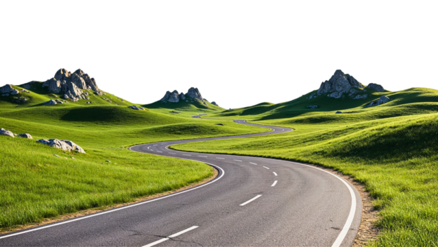 Curvy asphalt road through green grassy hills
