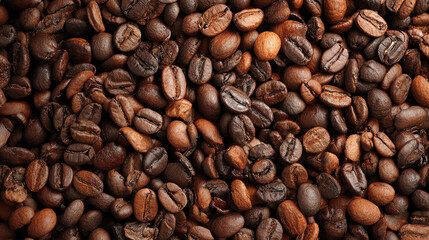 Naklejka premium Close-up of roasted coffee beans showcasing a variety of shades and textures, perfect for coffee lovers and culinary enthusiasts.