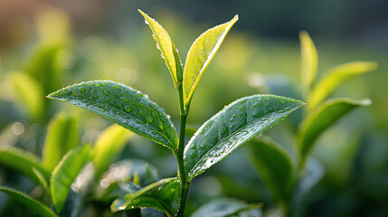 Fototapeta premium Close-up of vibrant green tea leaves glistening with morning dew, showcasing nature's beauty and freshness in a serene environment.