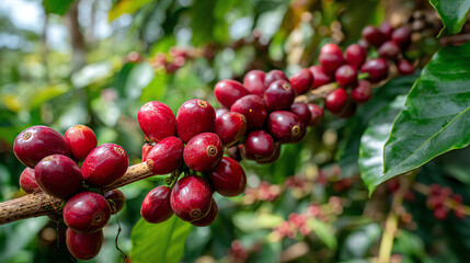 Close-up of vibrant red coffee cherries growing on a branch amidst green leaves, representing the coffee cultivation process.
