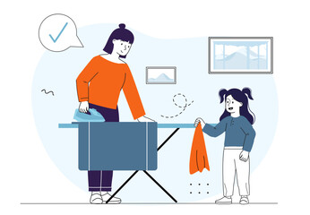 Fototapeta premium Mother and daughter ironing clothes. Vector illustration