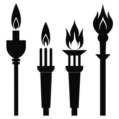 Four torch and candle silhouettes with flames fire