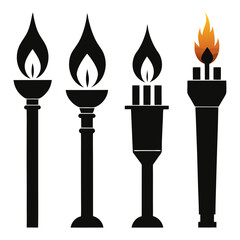 Four torch and candle silhouettes with flames fire