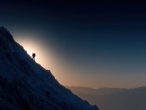 Mountaineer ascending glacial slope at sunrise, backpack and crampons highlighted against teal-tinted snow under moody blue dawn light