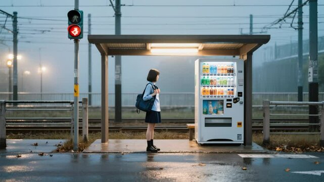 A girl with a schoolbag stands alone beside a vending machine at a small tram stop. the red light blinks quietly in the mist.
