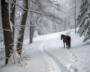 Horse Walking in the Snow-Covered Forest