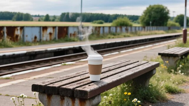 Steam rises from a rural platform. a cup of vending machine coffee sits untouched on the bench.