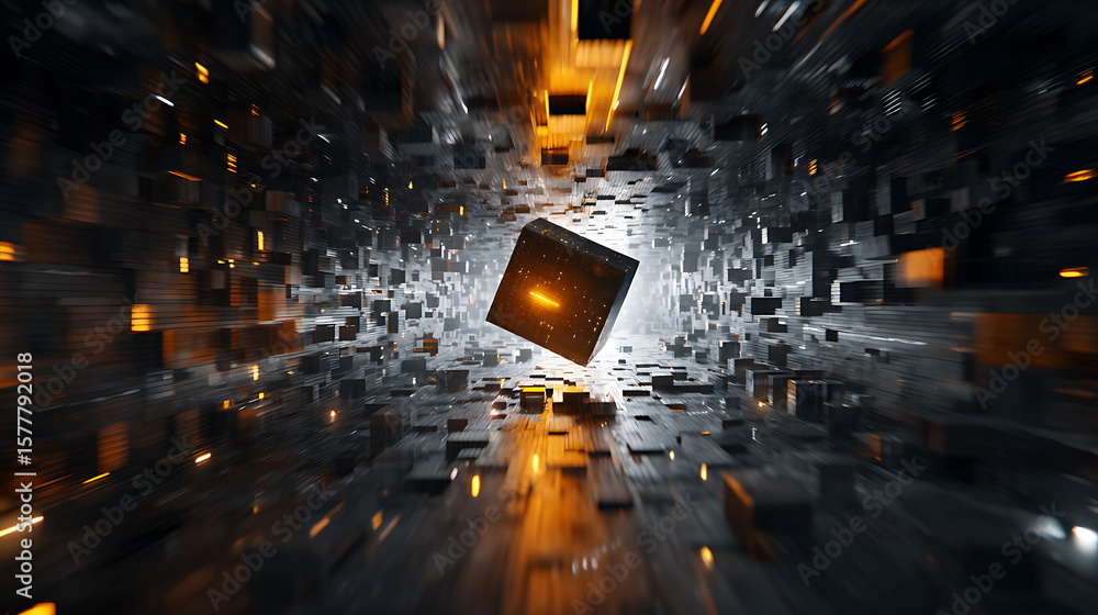 Poster a glowing cube floats in a futuristic digital space with geometric patterns