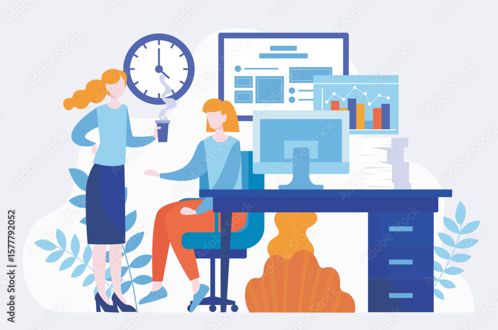 Poster office teamwork with computer graphs. vector illustration