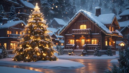 A glowing Christmas tree under snowfall, in front of a wooden cabin with warm lights, surrounded by a snowy winter village, 8K, cinematic light, photorealistic