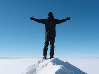 Victorious climber standing atop snow-covered peak with arms outstretched, backlit by golden sunlight casting long shadows on pristine slopes against vast blue sky and sea of clouds