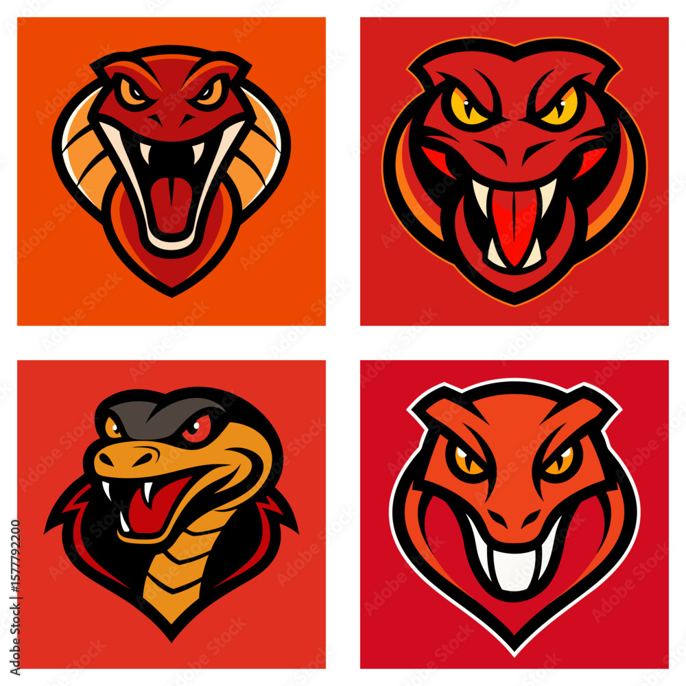 Poster four square images showing cobra heads with different color schemes and aggressive facial expression