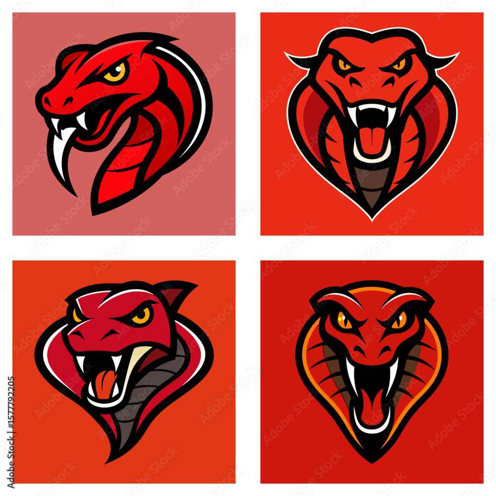 Poster collection of four square images featuring red cobra heads with aggressive expressions and sharp fan