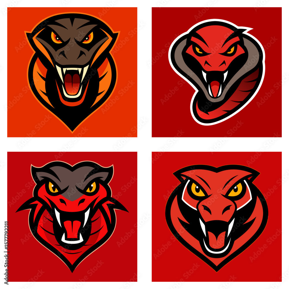 Poster four square panels showcasing stylized cobra heads with aggressive expressions and vibrant color sch