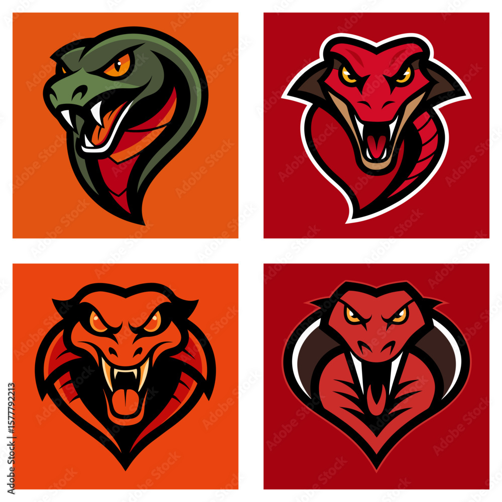 Poster four square images display cartoon cobra heads with different color schemes and aggressive expressio