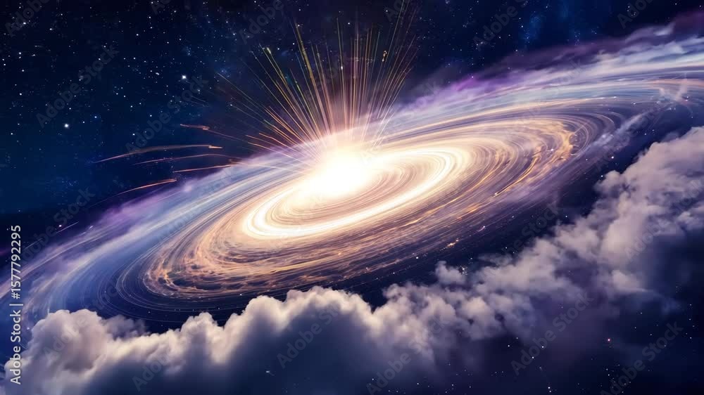 Aufkleber massive glowing spiral galaxy rotating in outer space with starry clouds - scientific visualization 