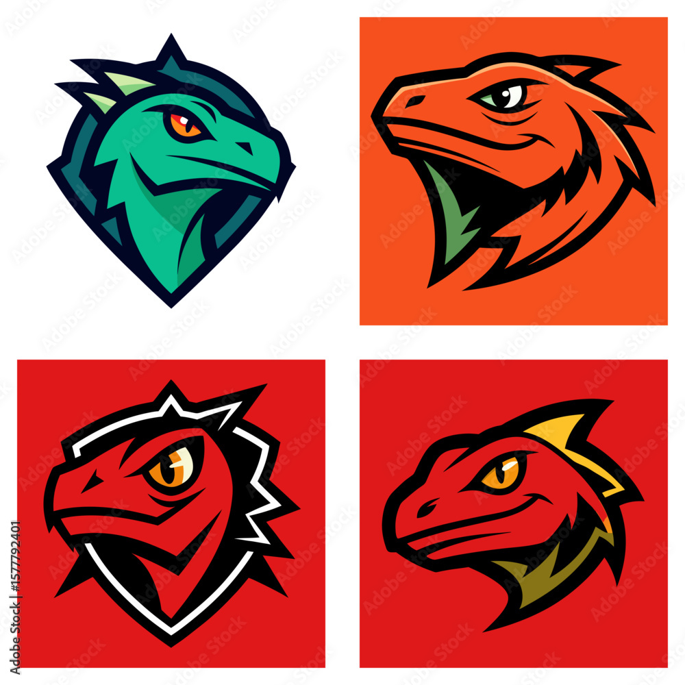 Poster four stylized lizard heads in different colors and designs displayed in a square format image layout