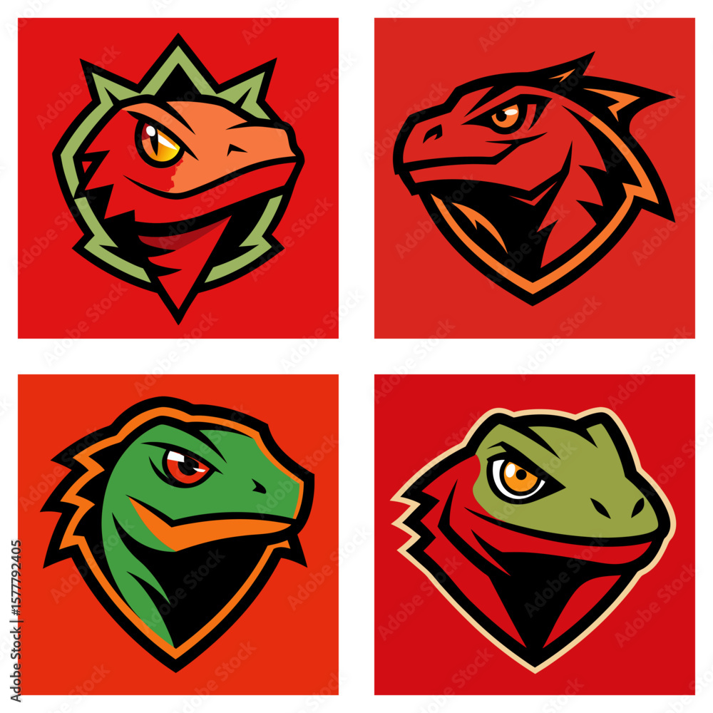 Poster four square images of stylized lizard heads with different color schemes on a red background design