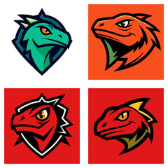 Four stylized lizard heads in different colors and designs displayed in a square format image layout