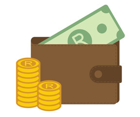 Vector wallet with South African rand currency and coin stack, perfect financial design for African economy, banking interface, or fintech visuals