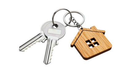 House keys with wooden home keychain isolated
