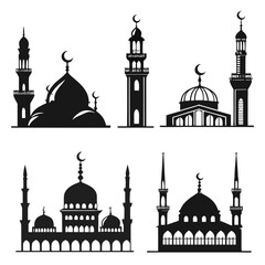 Islamic mosque architectural silhouettes crescent moon