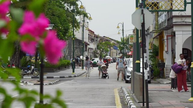 day time penang island george town city center famous crowded street slow motion panorama 4k malaysia