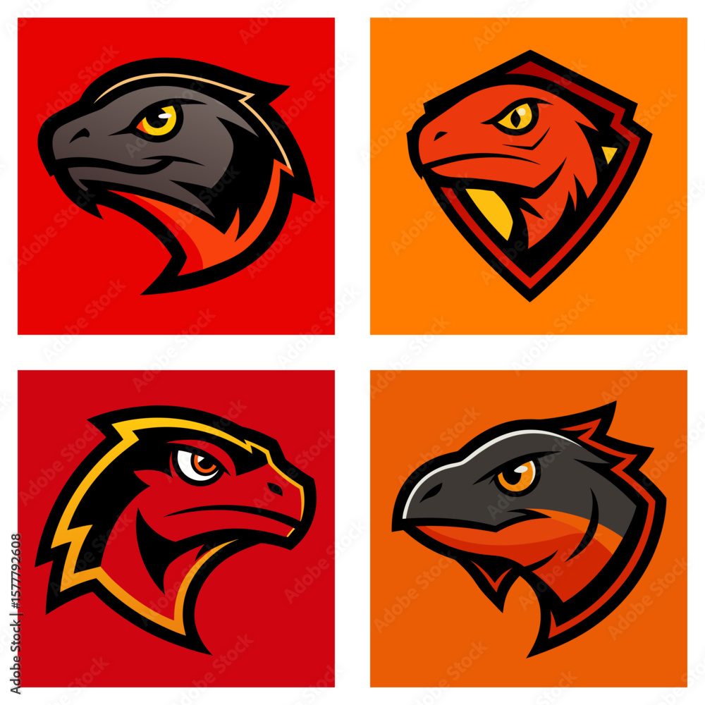 Poster four stylized reptile heads with distinct color schemes displayed in a square format grid pattern