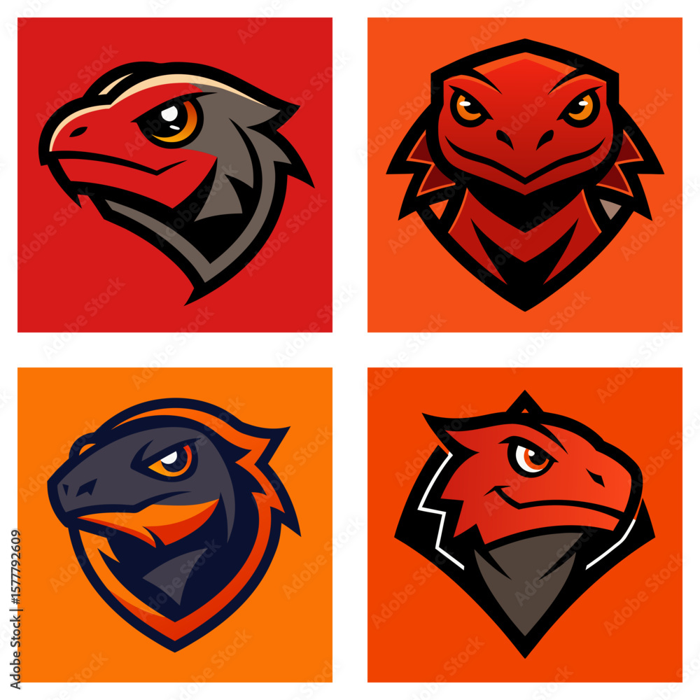 Poster collection of four stylized lizard head logos in square frames with vibrant color schemes and bold o