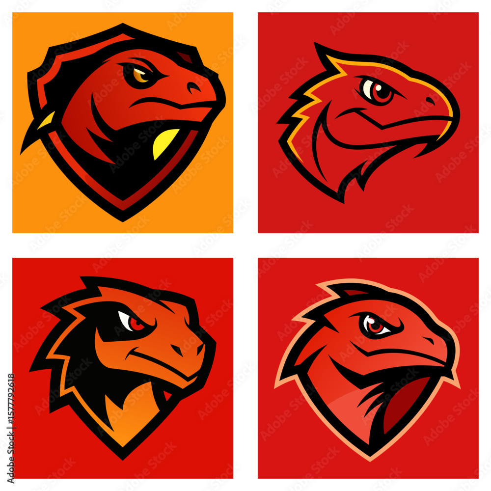 Poster collection of four stylized lizard head logos with varying designs and color schemes set on square b