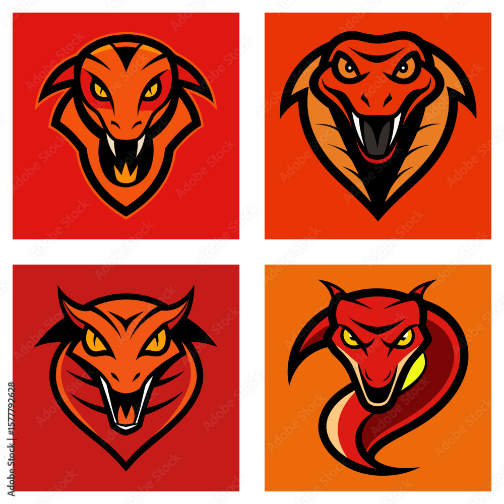 Poster four square images of stylized orange and red snake heads with angry expressions and sharp teeth sho