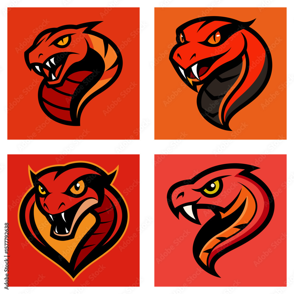 Poster four square images of red and orange cobra heads with fangs on square backgrounds arranged in a grid