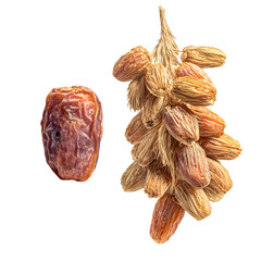 A single unripe green mango fruit hanging from a branch with wet leaves isolated on transparent background