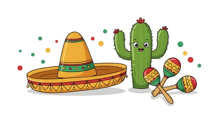 Cheerful Mexican celebration features a sombrero, smiling cactus, and maracas arranged on a white background for festive fun.