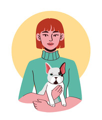 Woman with dog in arms illustration. Vector illustration