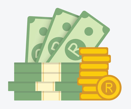 Flat vector of South African rand banknotes with coin stack, currency bundle illustration for African financial design, economic dashboard, and money-related graphics
