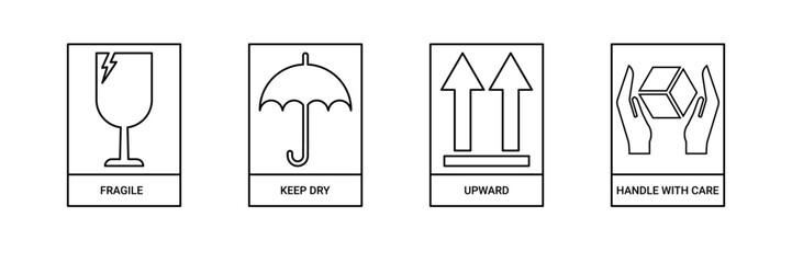 Packaging Safety Label Icons Set Fragile, Keep Dry, This Side Up, Handle with Care Symbols for Shipping Boxes