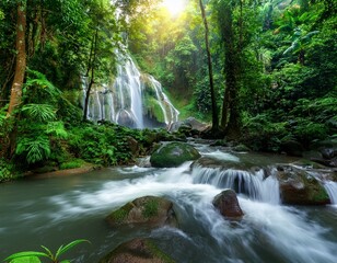 majestic waterfall cascading in lush jungle forest with serene river stream waterfall in forest jungle with stream river photo background ing for live wallpaper