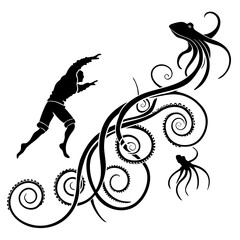 Man facing swirling octopus tentacles black white