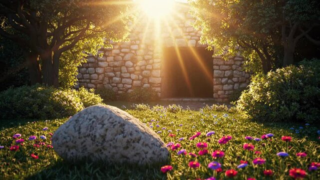 Easter and the Resurrection of Jesus Christ. The stone rolled away from the entrance of empty tomb with sunlight bursting through. Slow motion animation