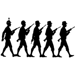 Marching soldiers with rifles silhouettes black