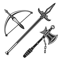 Medieval weapon silhouettes featuring bow axe and spear