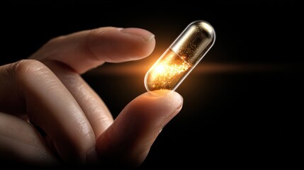 Hand holding a glowing capsule