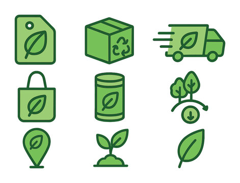 Sustainable Shopping Icons. Flat icon set of sustainable mobile shopping: eco-friendly label, recycled box,