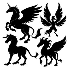 Fototapeta premium Mythical creatures black silhouettes unicorn pegasus phoenix