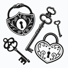Ornate antique locks and keys silhouettes vintage