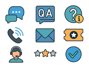 Customer Service Icons. Flat icon set of customer service tools: live chat, FAQ icon, help center, call