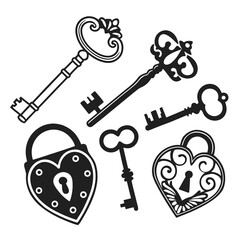 Ornate vintage keys and heart shaped padlocks antique