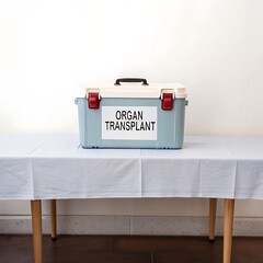 A kidney transport container labeled organ transplant placed on a clean table