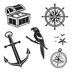 Pirate treasure chest anchor parrot compass and ship wheel